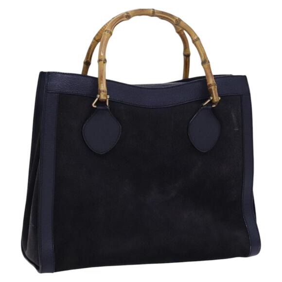 GUCCI Bamboo Hand Bag Suede Leather Navy Gold - Picture 1 of 16